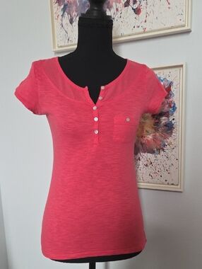 Promod Coral Pink Short Sleeve Henley Top